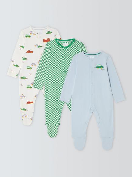 John Lewis Baby Car Check Sleepsuits, Pack of 3, Blue, Blue