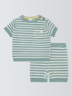 John Lewis Baby Knitted Stripe Top and Shorts Set, Green, Green