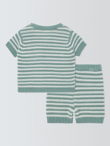 John Lewis Baby Knitted Stripe Top and Shorts Set, Green - view 2, Green