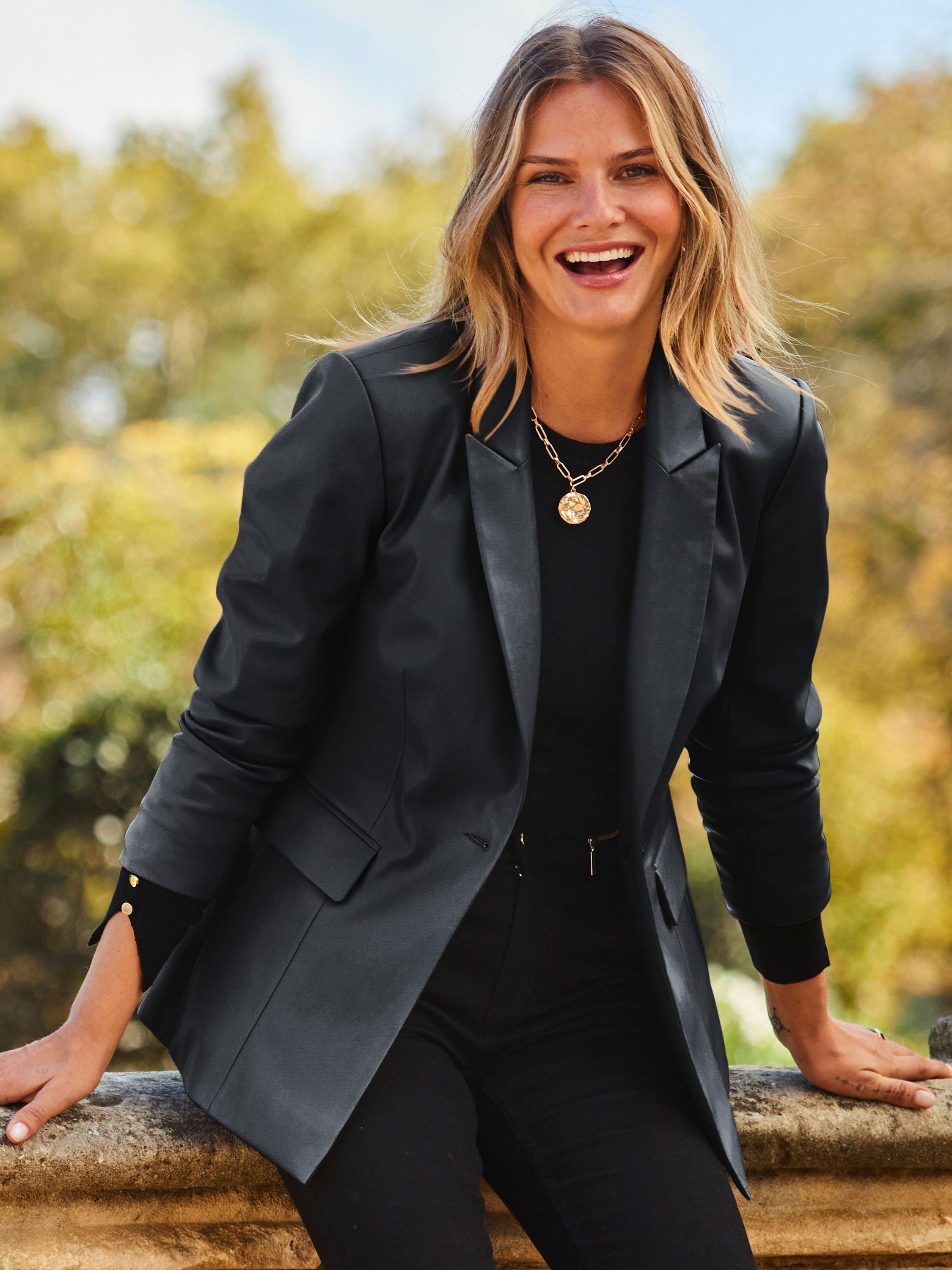 Product image 2 of 5, which shows Sosandar Single Button Faux Leather Blazer, Black, 8