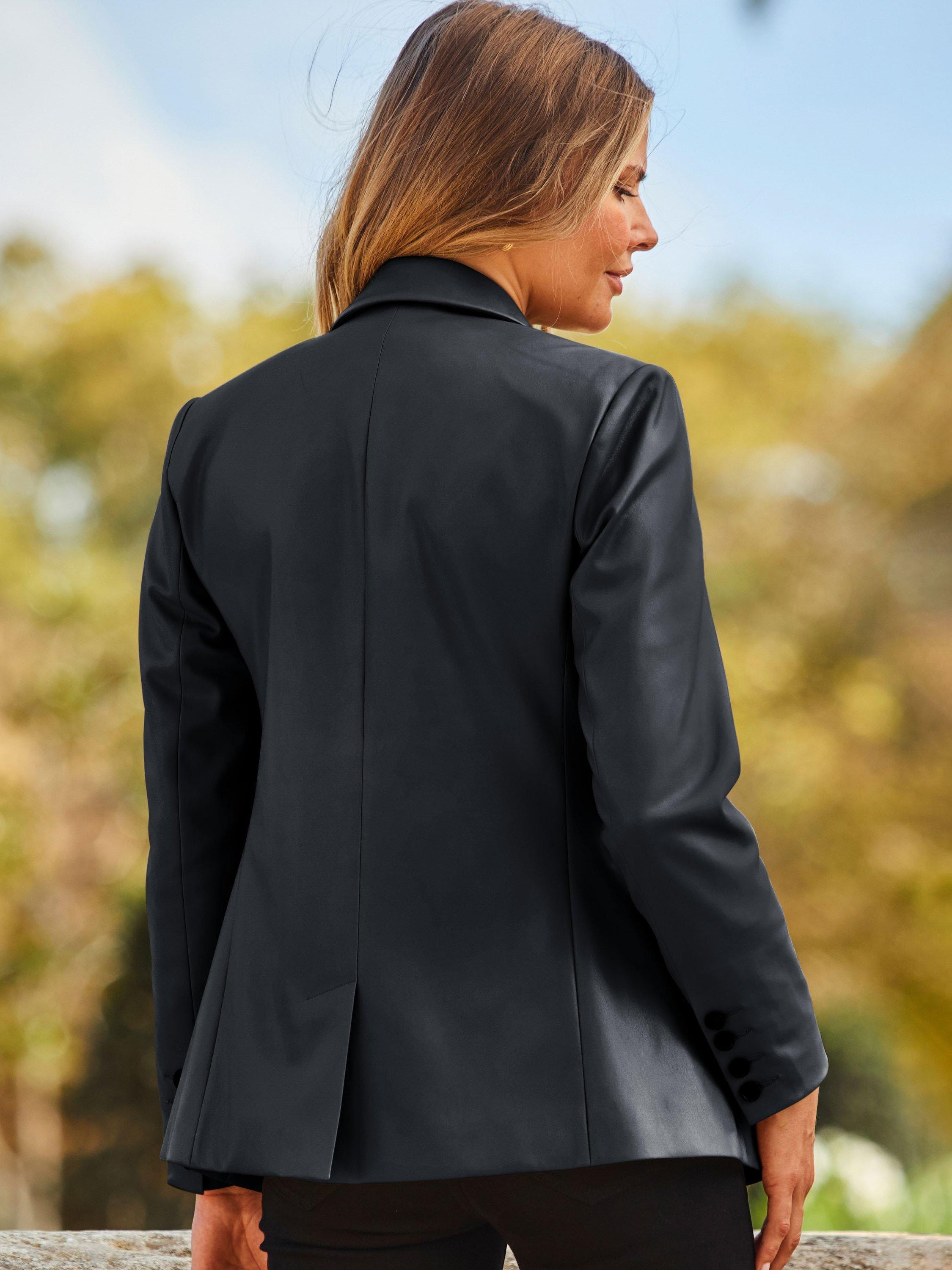 Product image 3 of 5, which shows Sosandar Single Button Faux Leather Blazer, Black, 8