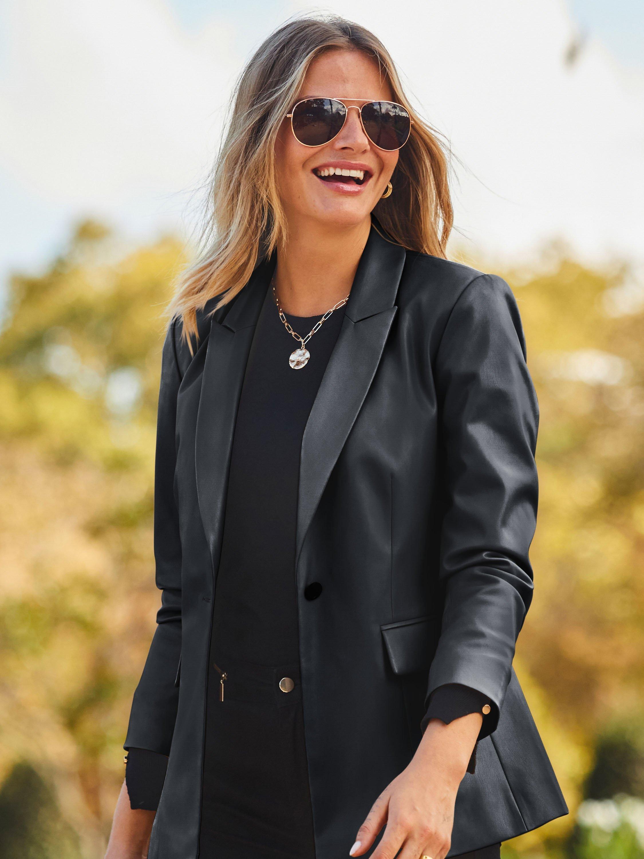 Product image 5 of 5, which shows Sosandar Single Button Faux Leather Blazer, Black, 8