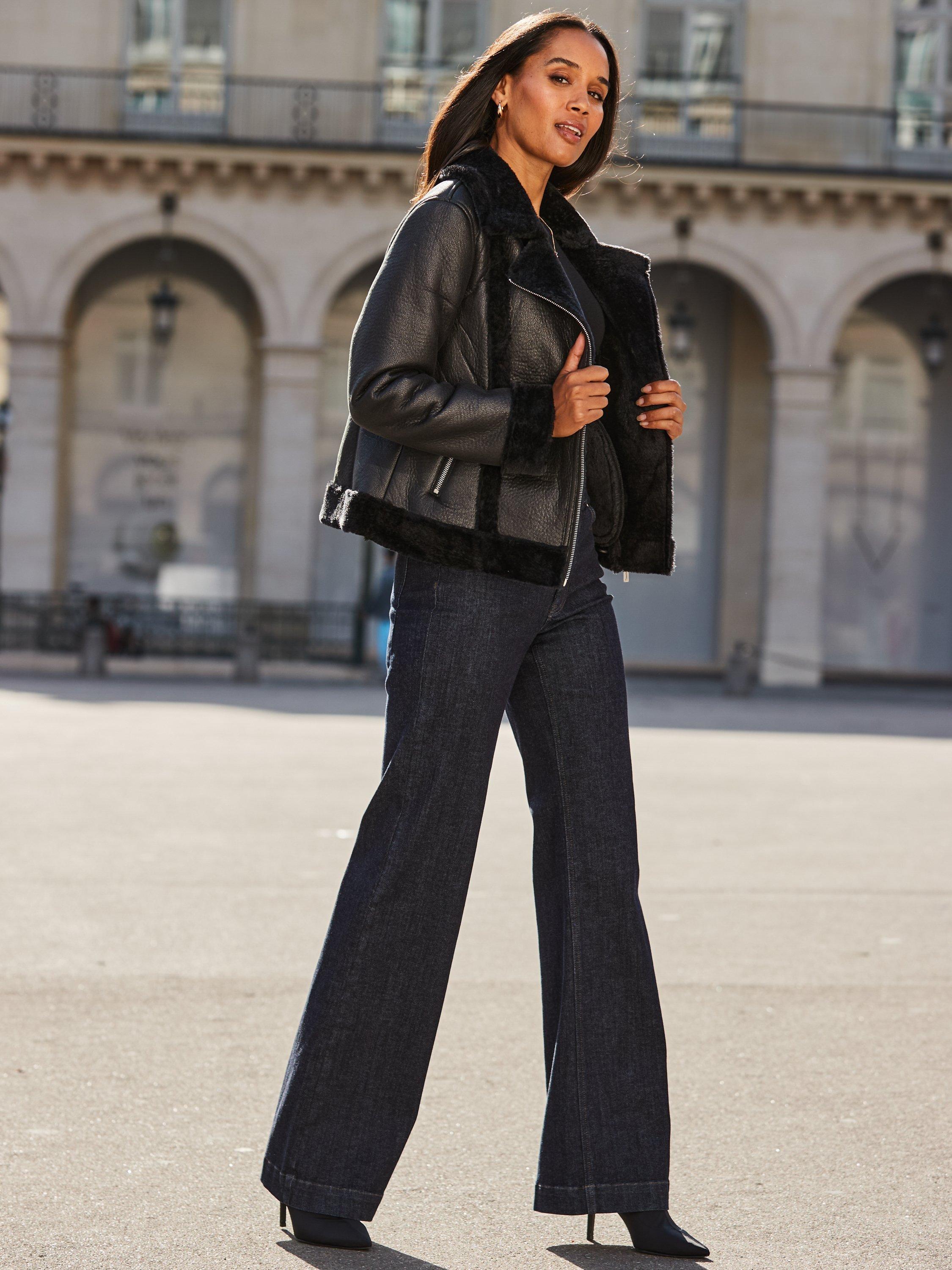 Product image 2 of 8, which shows Sosandar Faux Shearling Aviator Jacket, Black, 8