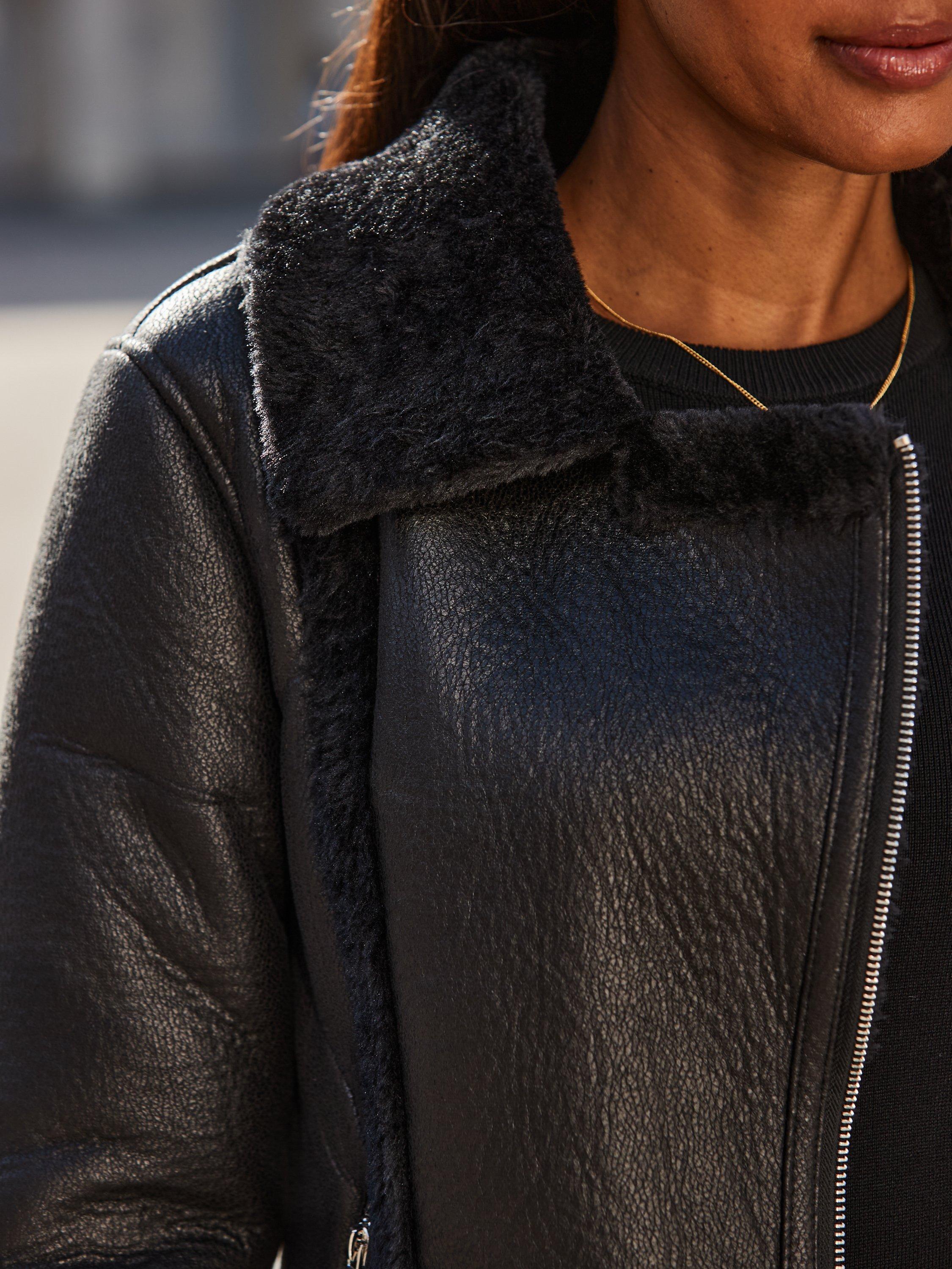 Product image 6 of 8, which shows Sosandar Faux Shearling Aviator Jacket, Black, 8