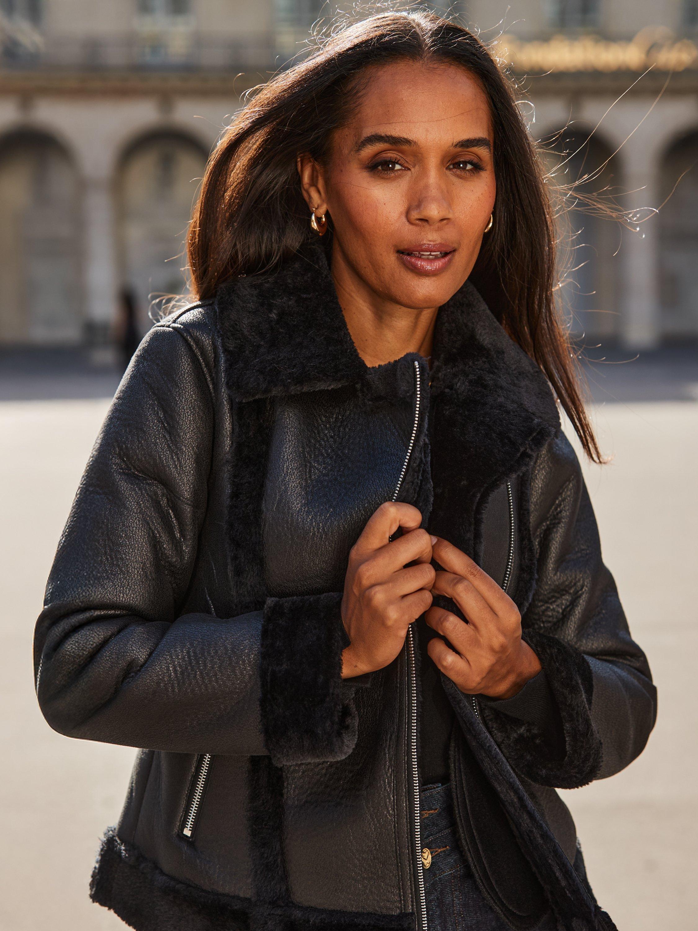 Product image 7 of 8, which shows Sosandar Faux Shearling Aviator Jacket, Black, 8