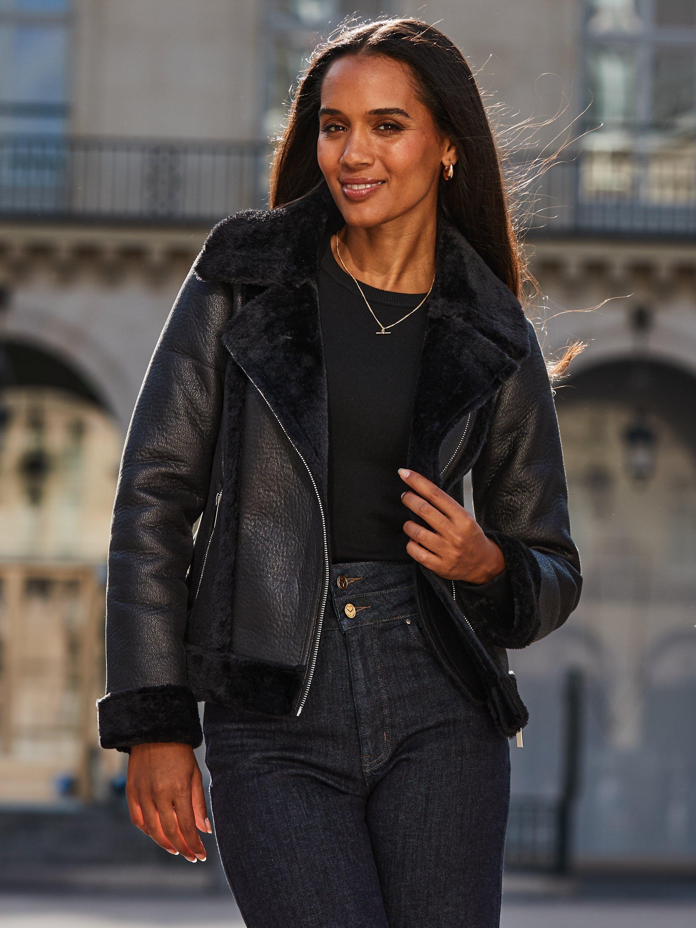 Product image 8 of 8, which shows Sosandar Faux Shearling Aviator Jacket, Black, 8