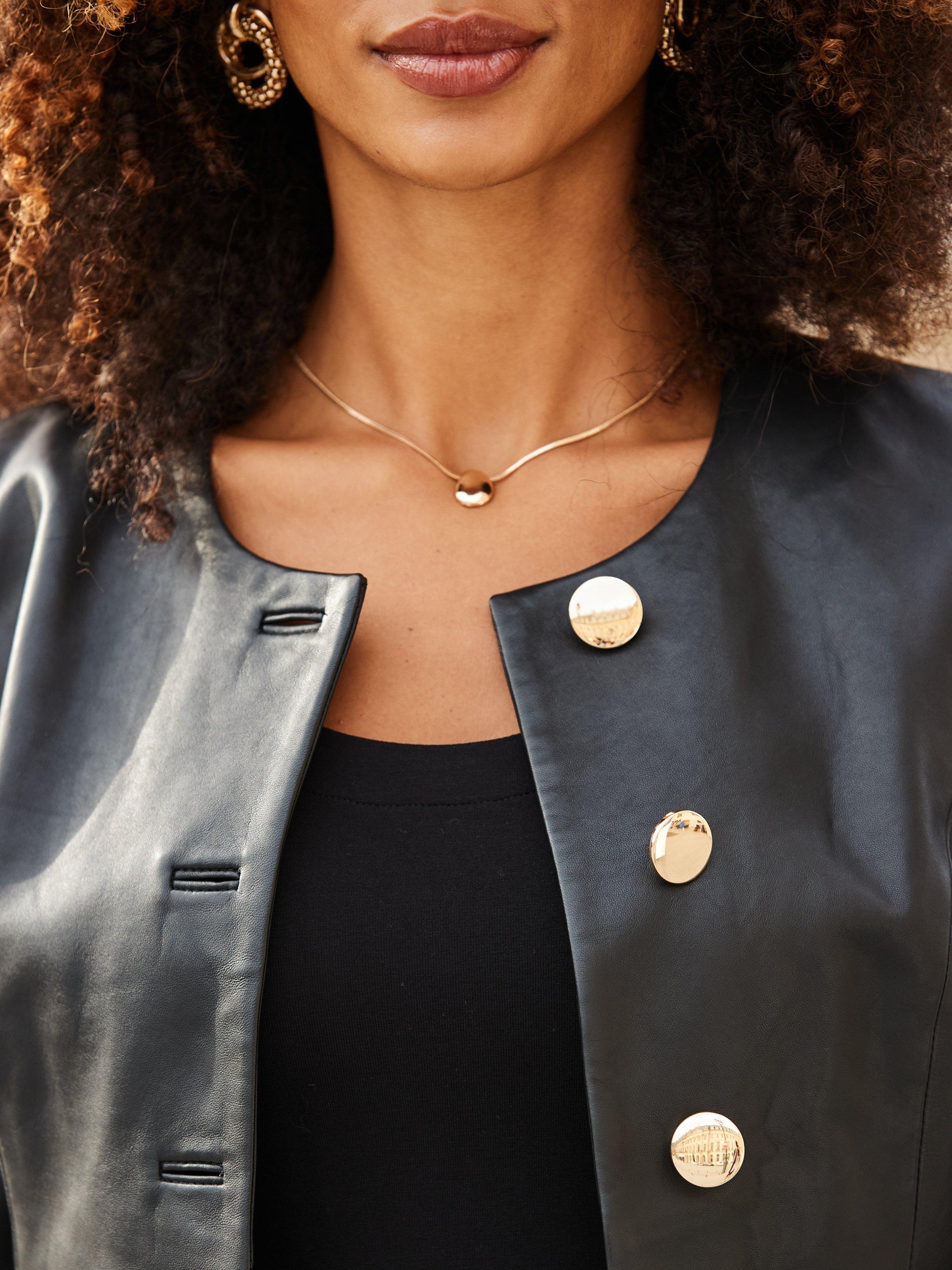 Product image 2 of 7, which shows Sosandar Collarless Pure Leather Jacket, Black, 8