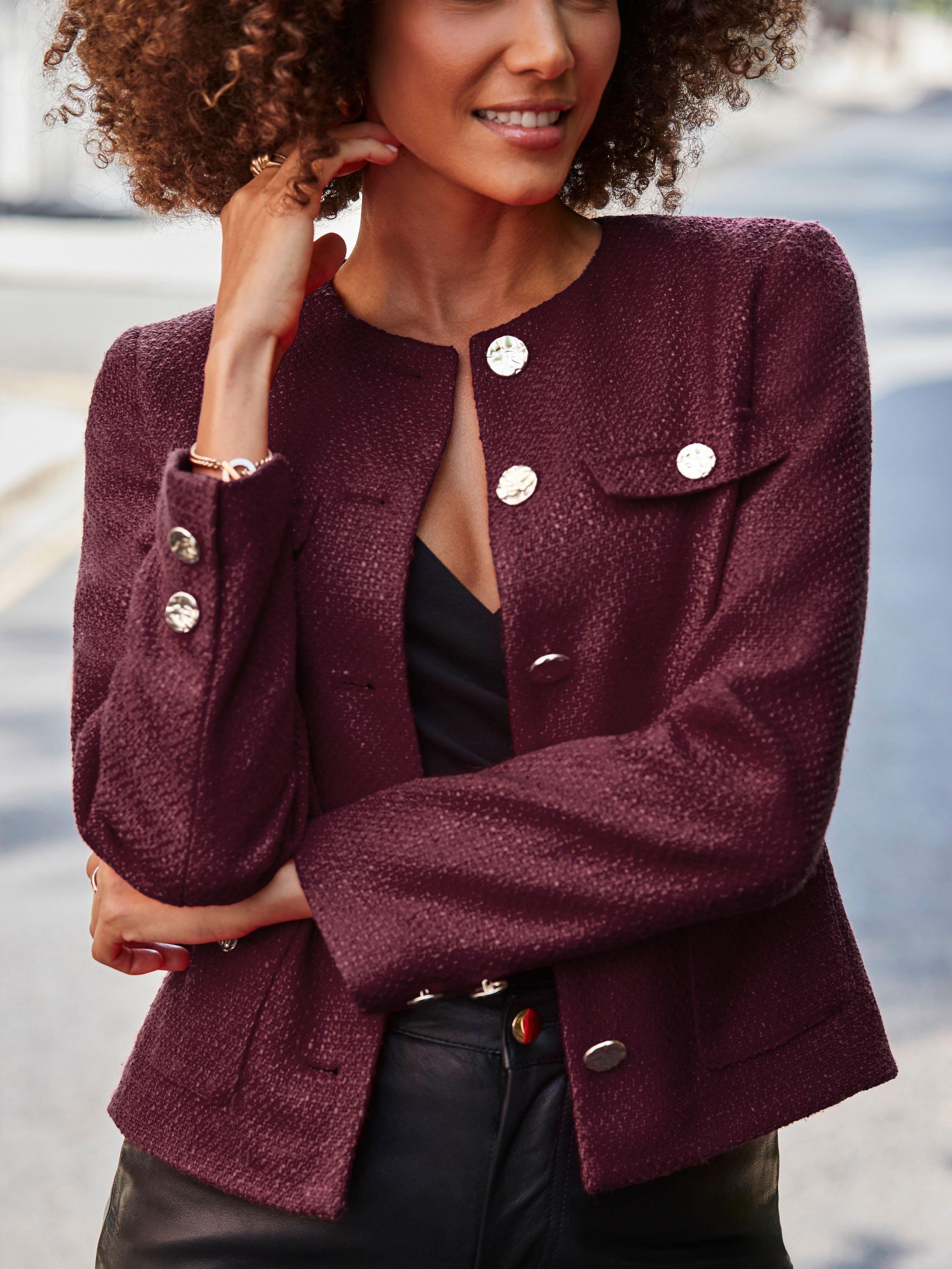 Product image 4 of 4, which shows Sosandar Boucle Collarless Blazer Jacket , Burgundy, 8
