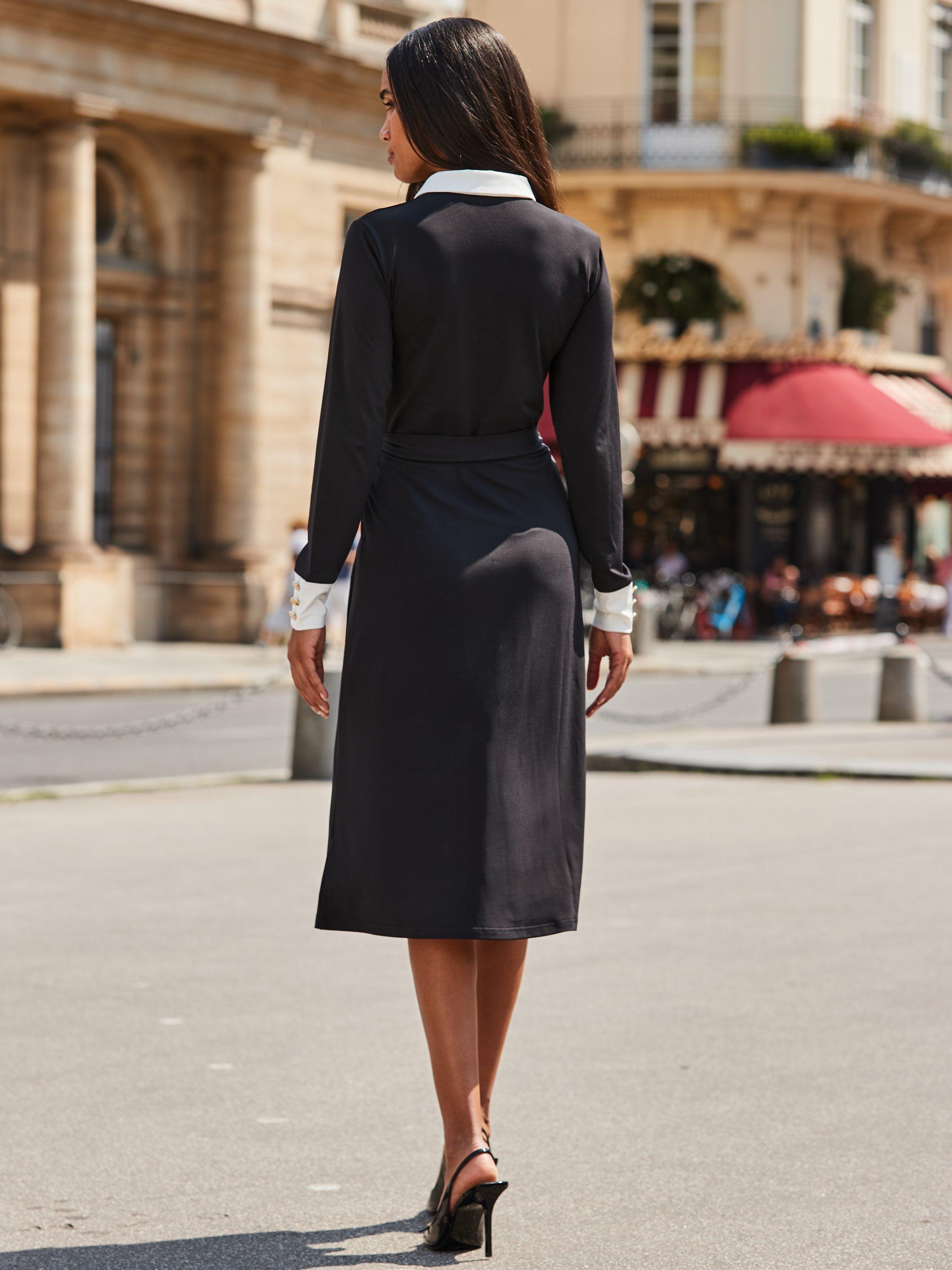 Product image 2 of 7, which shows Sosandar Colour Contrast Belted Dress, Black/White, 6