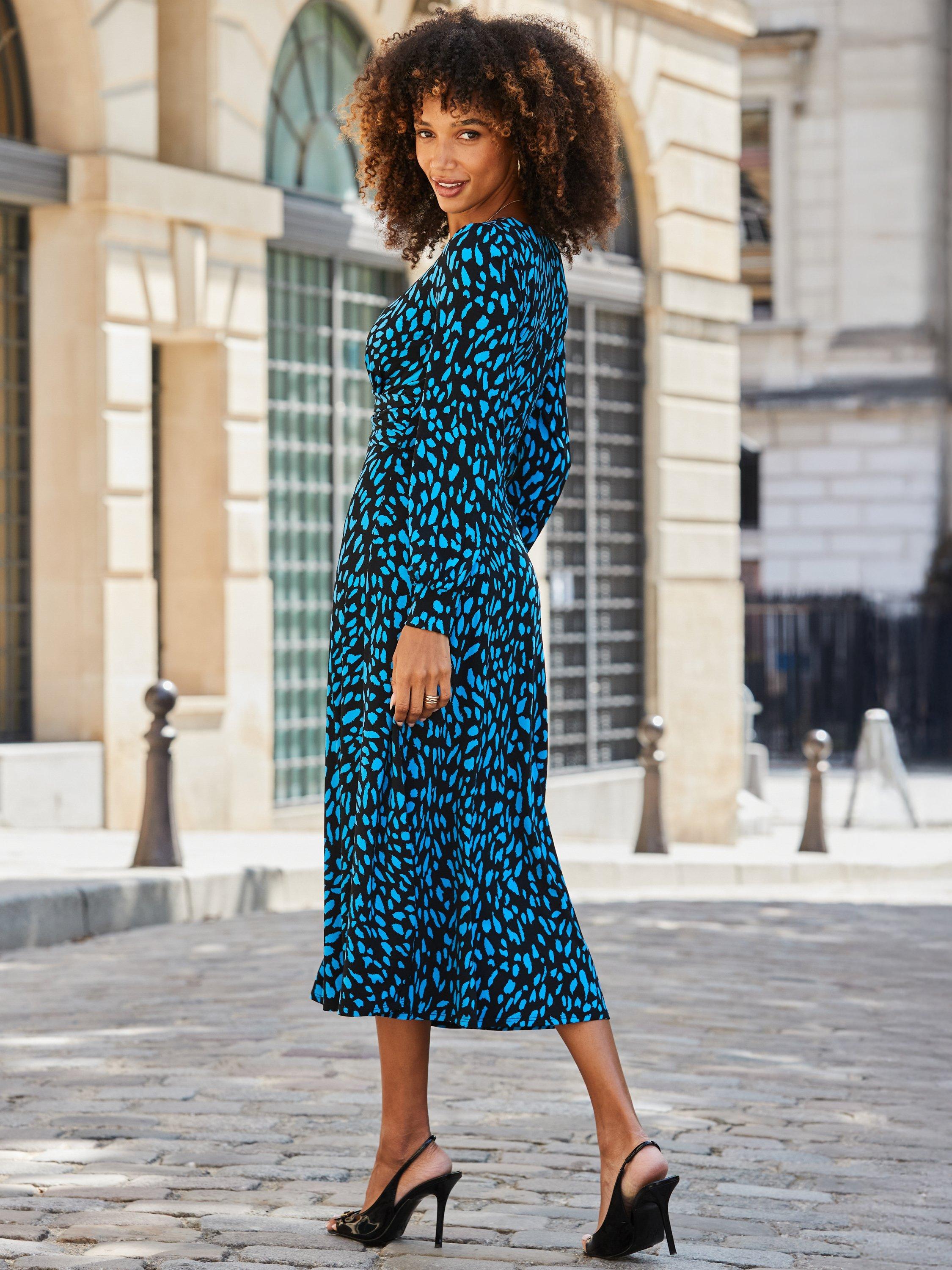 Product image 4 of 7, which shows Sosandar Fleck Twist Front Midi Dress, Blue/Black, 16