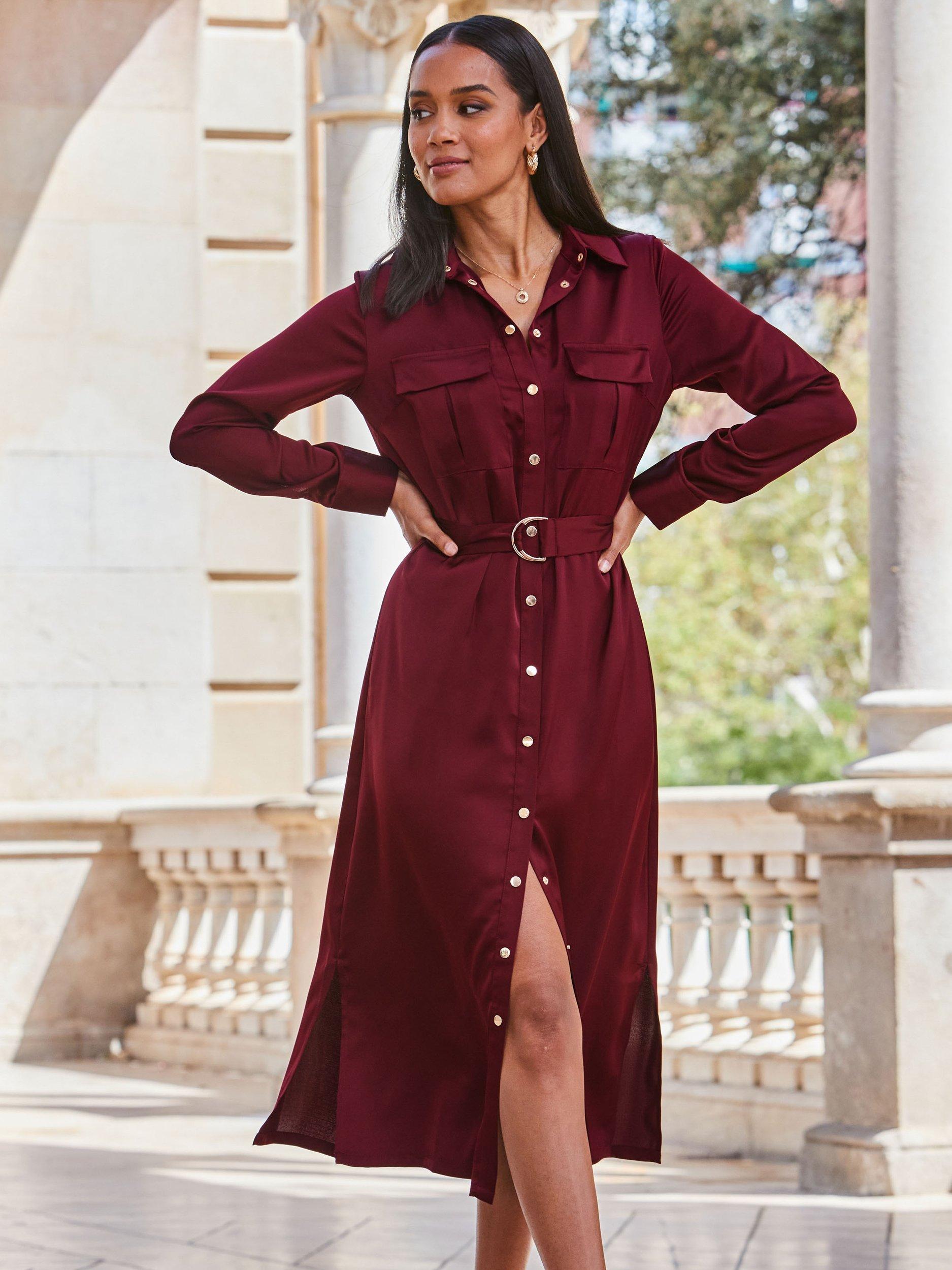Product image 1 of 4, which shows Sosandar Satin Utility Shirt Dress, Red, 8