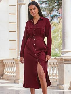 Sosandar Satin Utility Shirt Dress, Red - view 2, Red