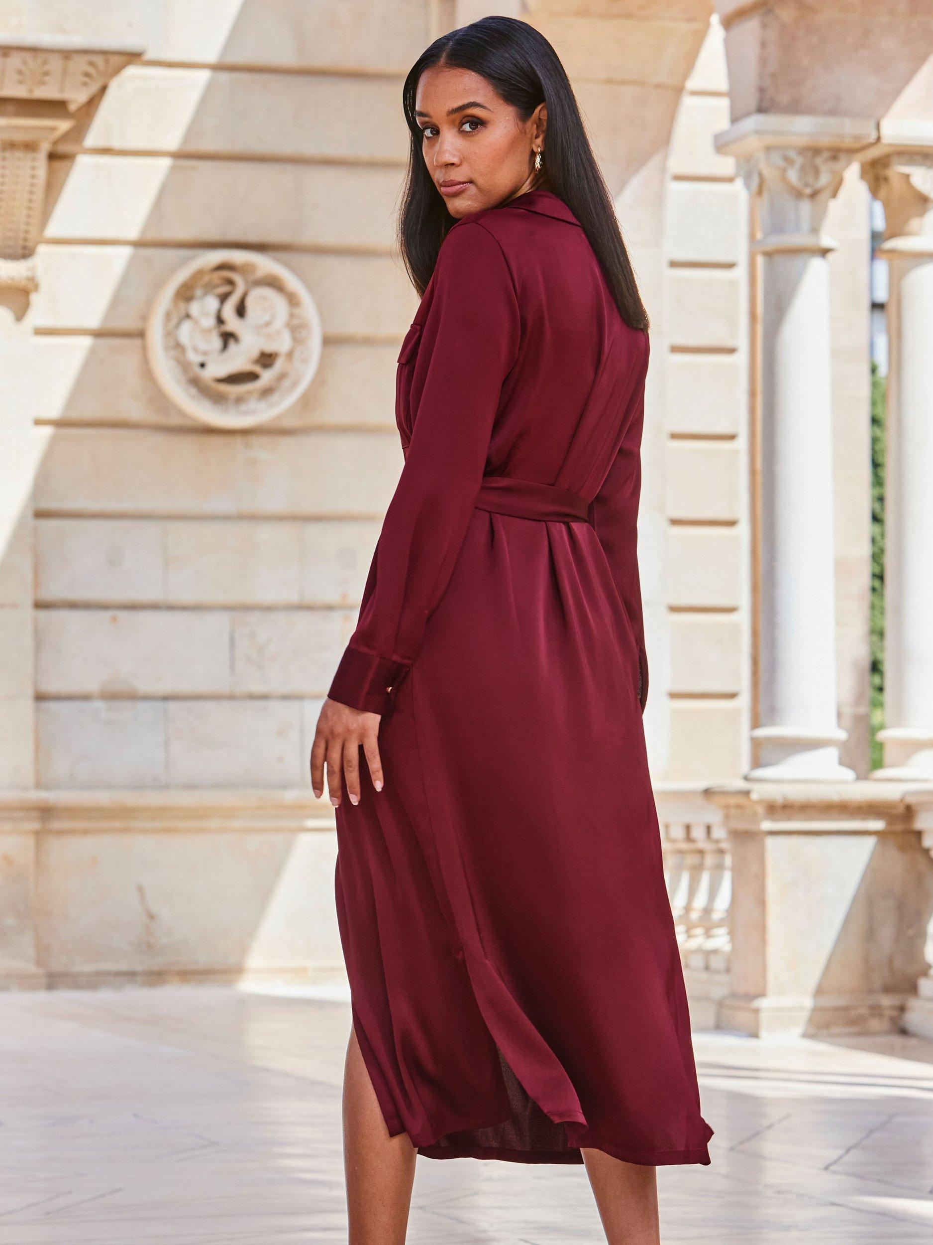 Product image 4 of 4, which shows Sosandar Satin Utility Shirt Dress, Red, 8