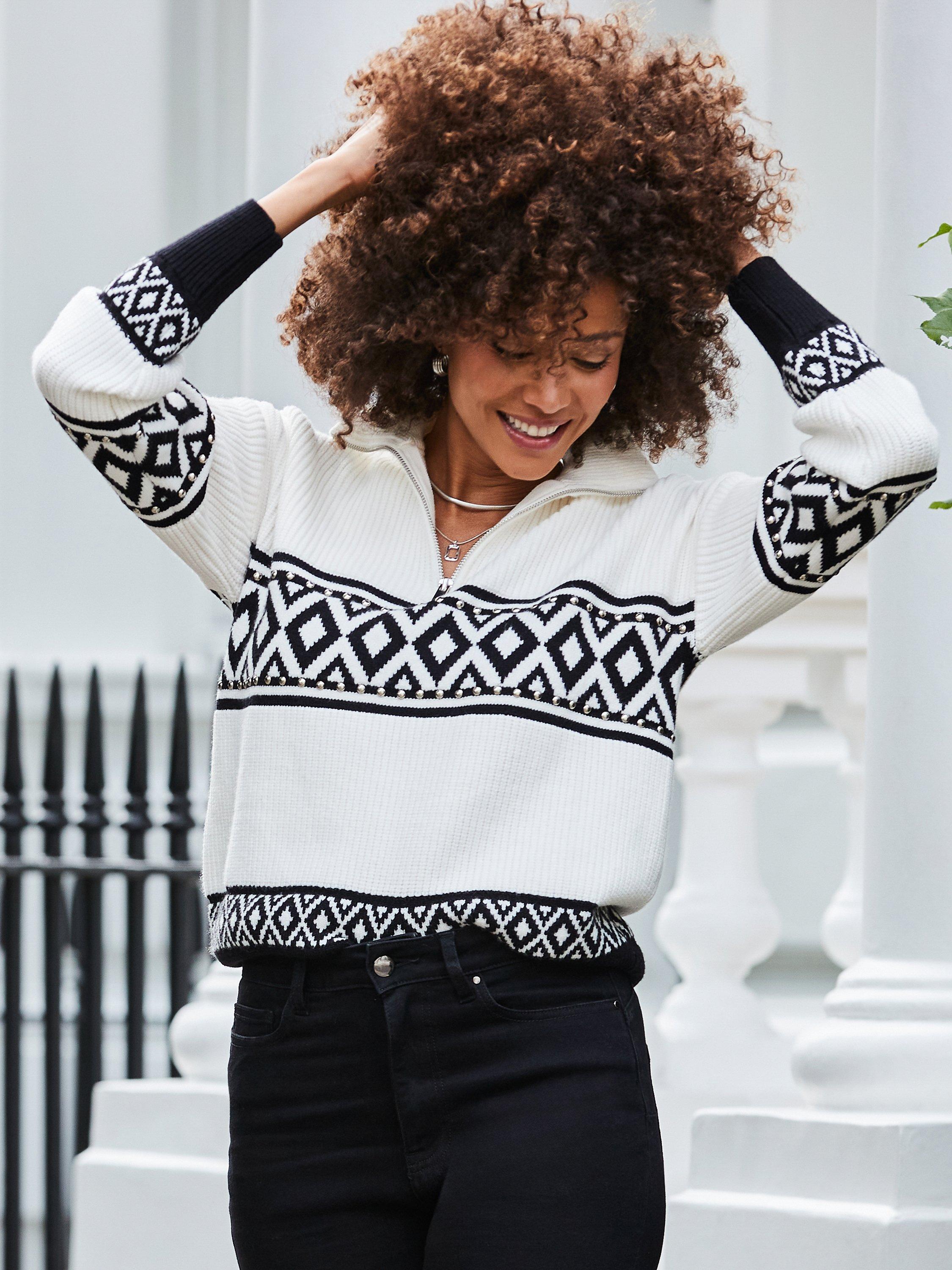 Product image 5 of 8, which shows Sosandar Ivory Zip Neck Jumper, White/Multi, L