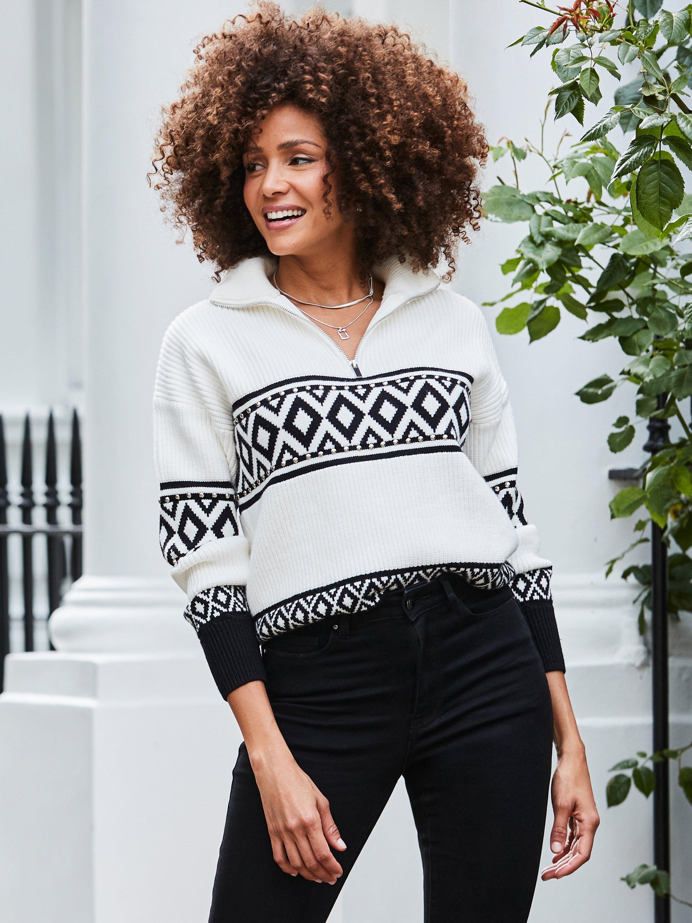 Product image 8 of 8, which shows Sosandar Ivory Zip Neck Jumper, White/Multi, L