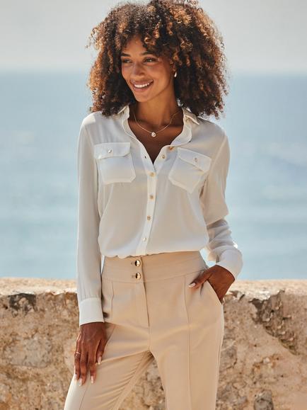 Sosandar Shoulder Detail Long Sleeve Shirt, White, White