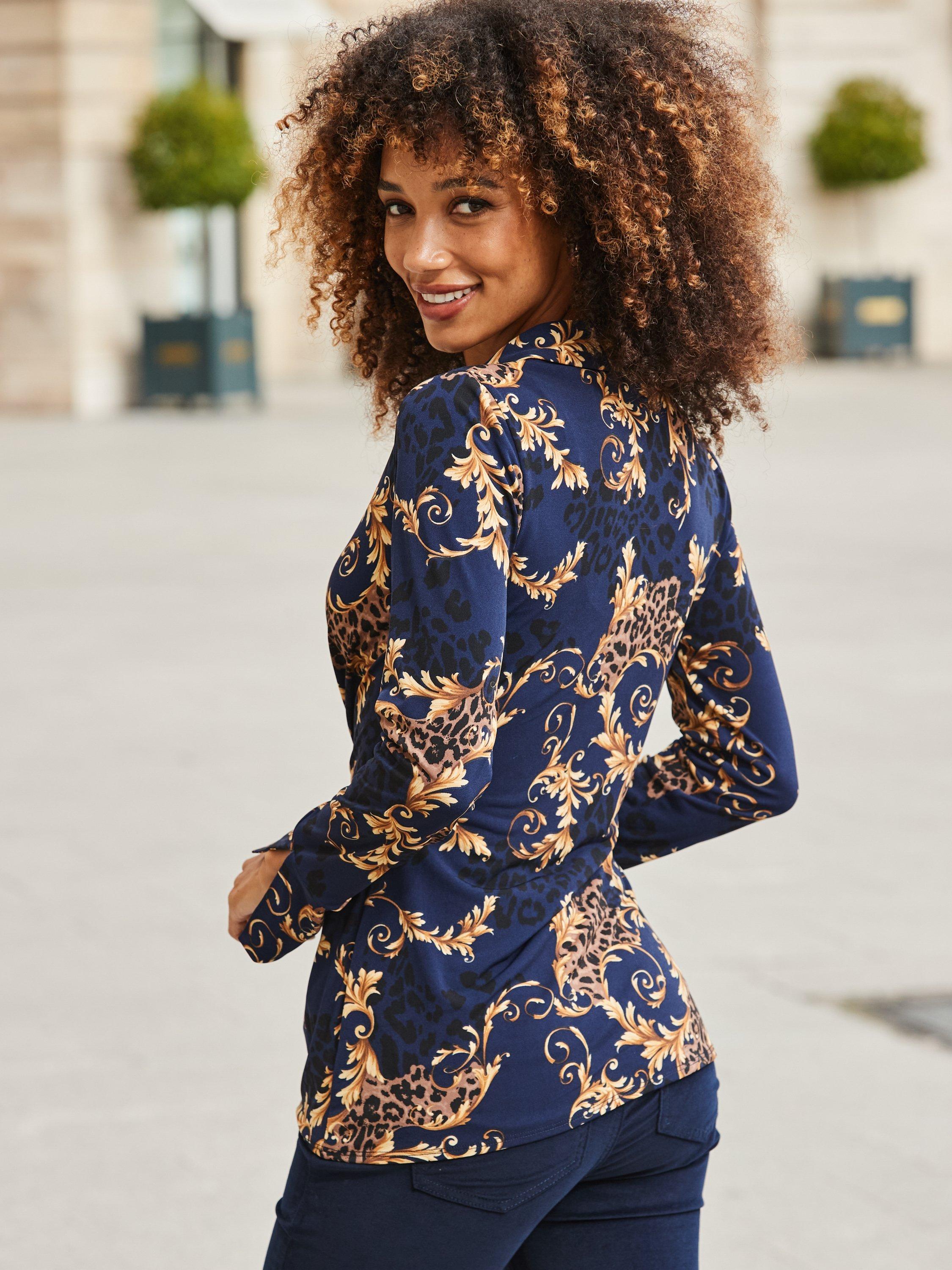 Product image 3 of 6, which shows Sosandar Baroque Print Twist Front Shirt, Navy Blue, 6