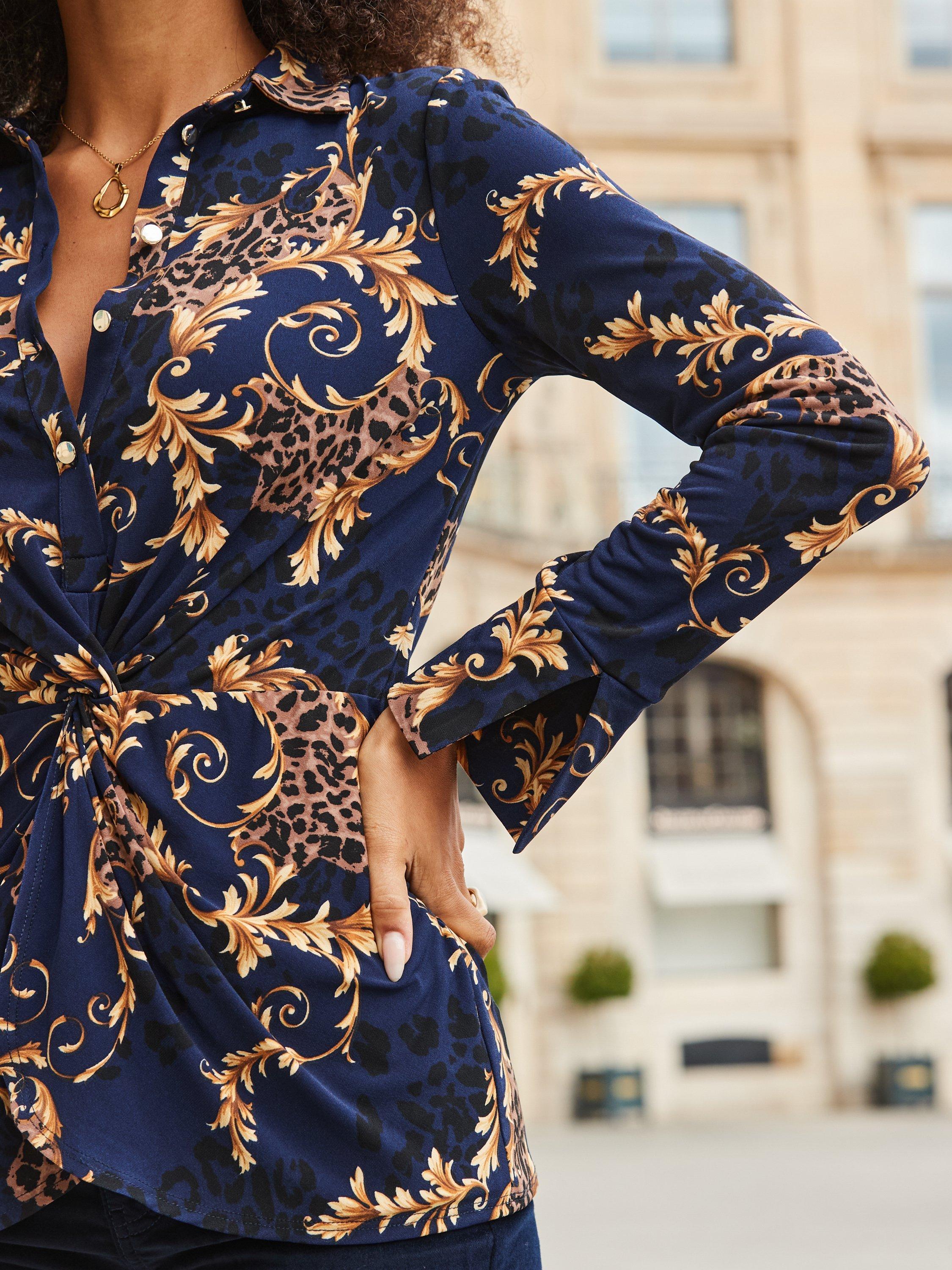 Product image 4 of 6, which shows Sosandar Baroque Print Twist Front Shirt, Navy Blue, 6