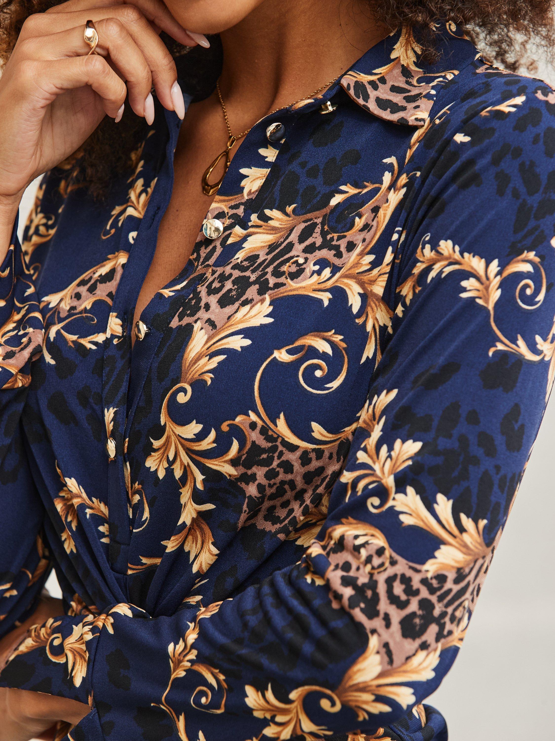 Product image 5 of 6, which shows Sosandar Baroque Print Twist Front Shirt, Navy Blue, 6
