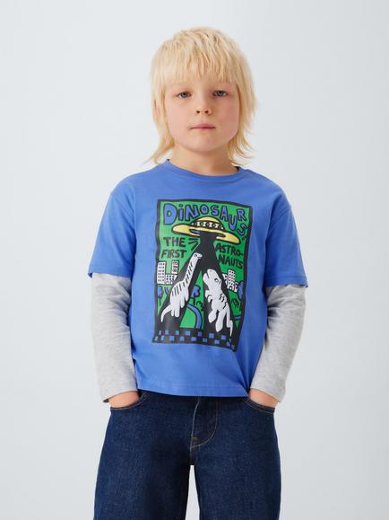 John Lewis Kids' Dinosaur Astronauts Mock Sleeve Top, Blue, Blue