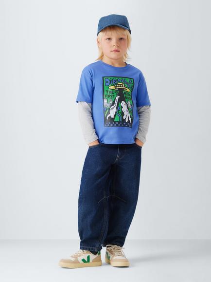 John Lewis Kids' Dinosaur Astronauts Mock Sleeve Top, Blue - view 2, Blue