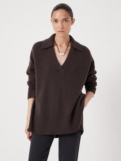 HUSH Collar Longline Pure Merino Wool Jumper, Dark Brown, Dark Brown