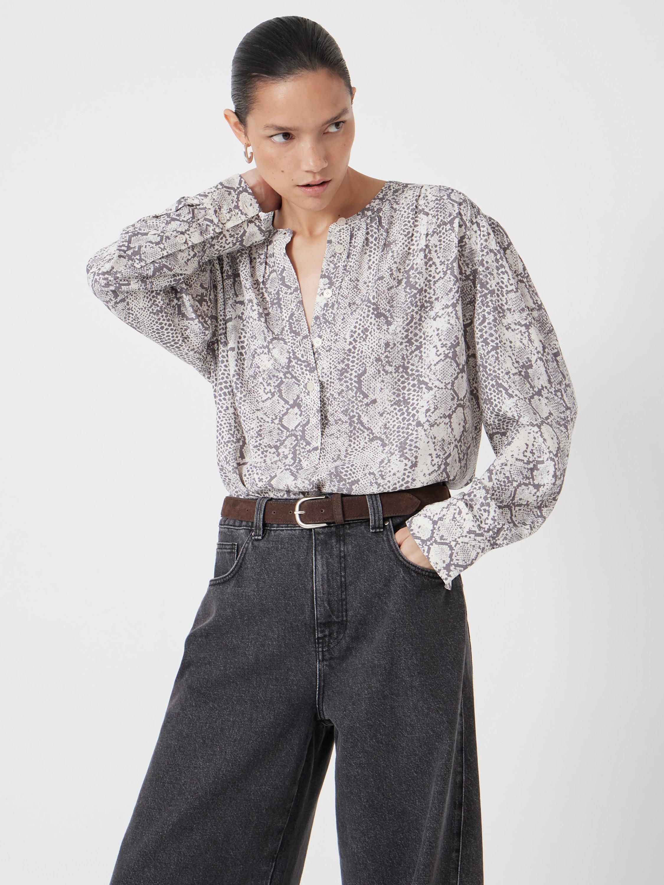 Product image 2 of 5, which shows HUSH Fernanda Snake Printed Blouse, Natural Grey, S-M