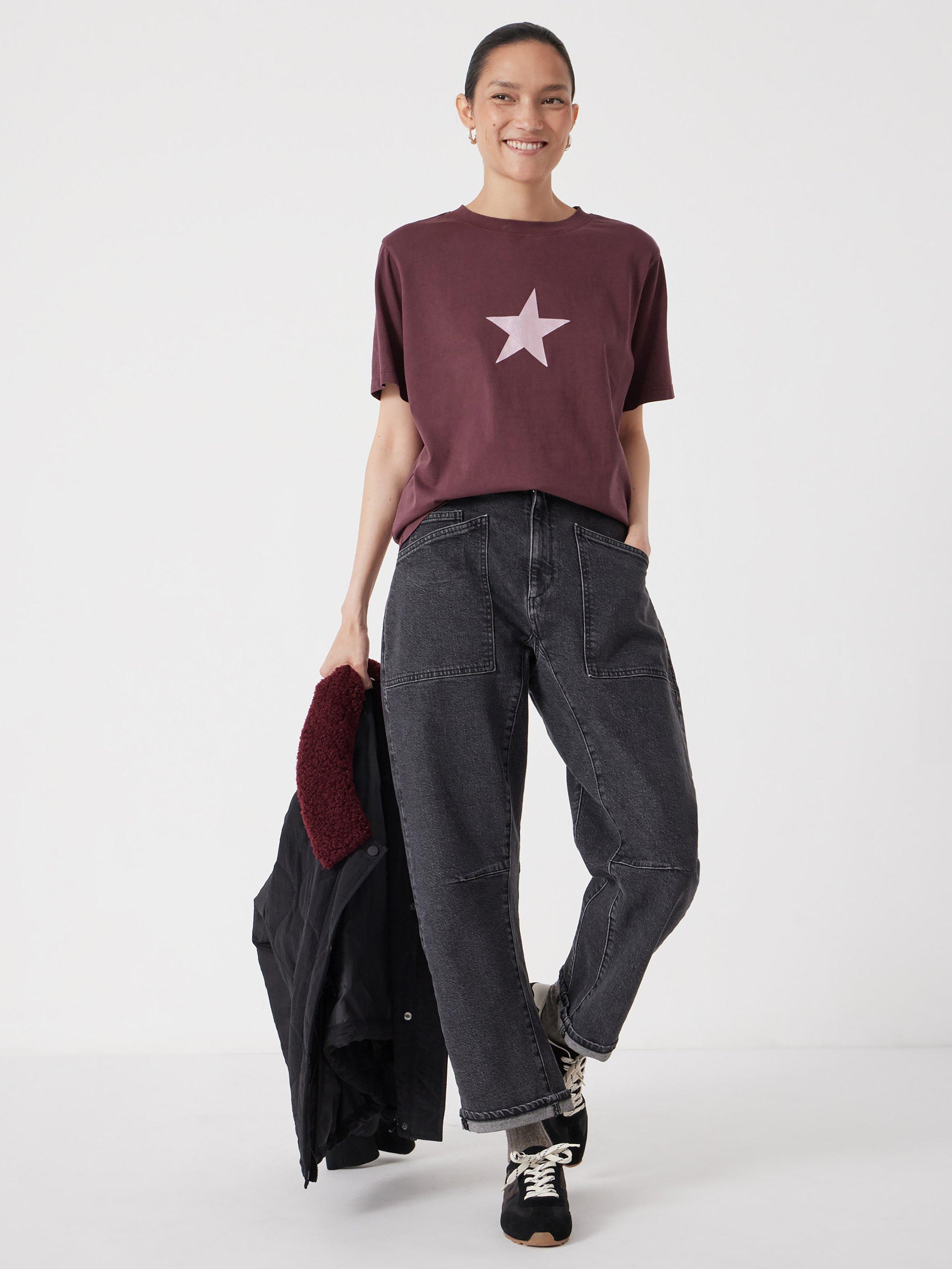 Product image 1 of 4, which shows HUSH Graphic Star Print T-Shirt, Burgundy Purple, L-XL