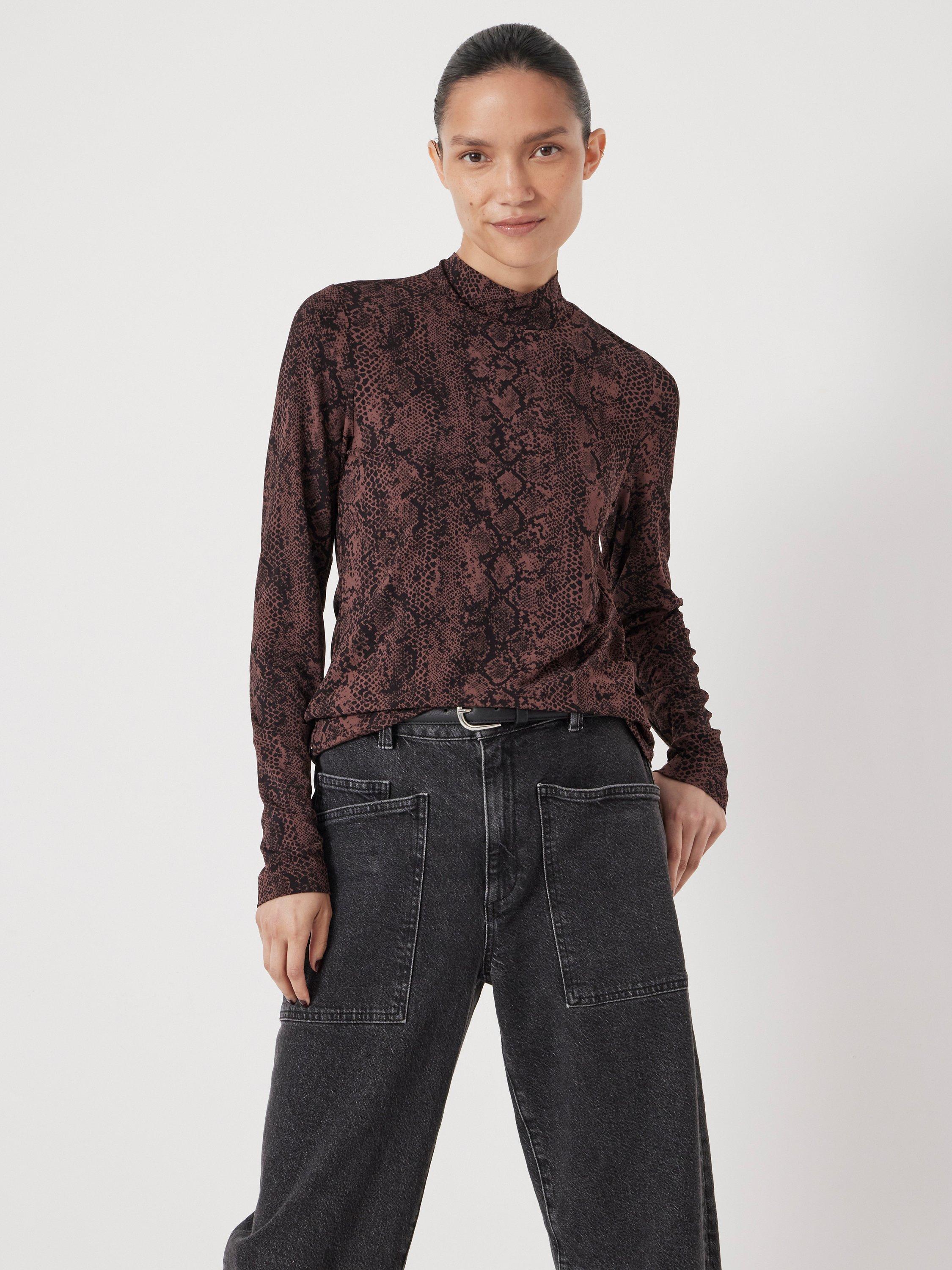 Product image 1 of 5, which shows HUSH Animal Print Mock Neck Long Sleeved Top, Brown, L-XL