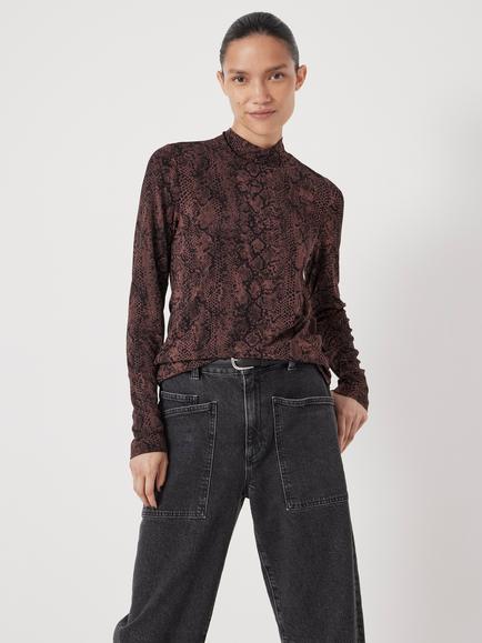 HUSH Animal Print Mock Neck Long Sleeved Top, Brown