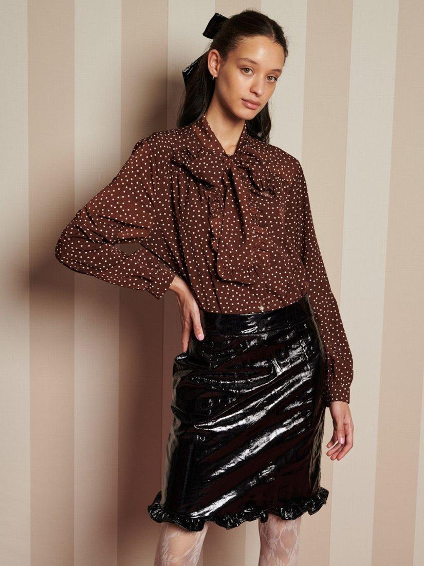 Product image 1 of 6, which shows Sister Jane Polka Dot Tie Neck Top, Brown/Multi, 6