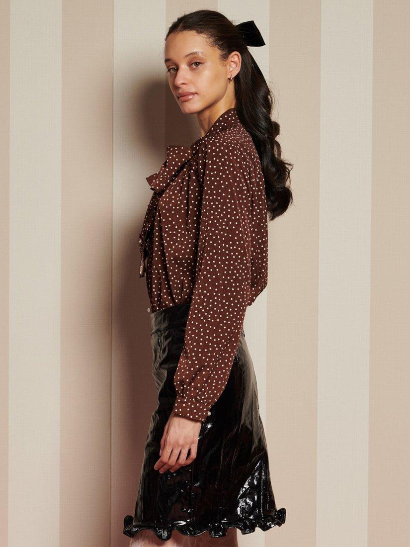Product image 3 of 6, which shows Sister Jane Polka Dot Tie Neck Top, Brown/Multi, 6