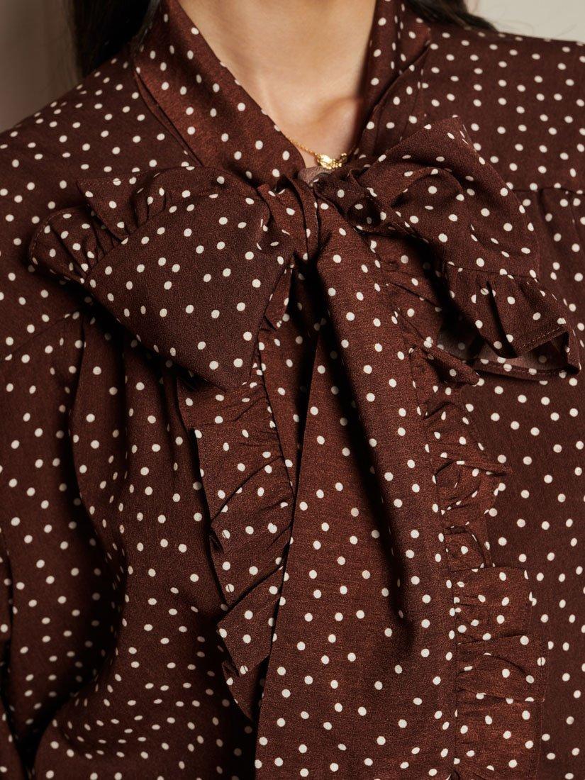 Product image 6 of 6, which shows Sister Jane Polka Dot Tie Neck Top, Brown/Multi, 6