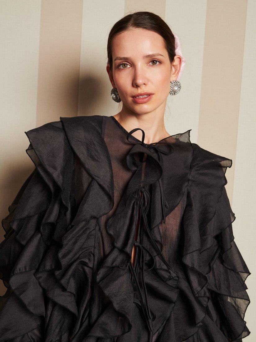 Product image 5 of 6, which shows Sister Jane Romance Ties Ruffle Top, Black, 6