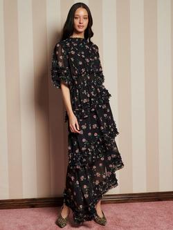 Sister Jane Rose Print Asymmetric Hem Dress, Black, Black