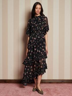 Sister Jane Rose Print Asymmetric Hem Dress, Black - view 2, Black