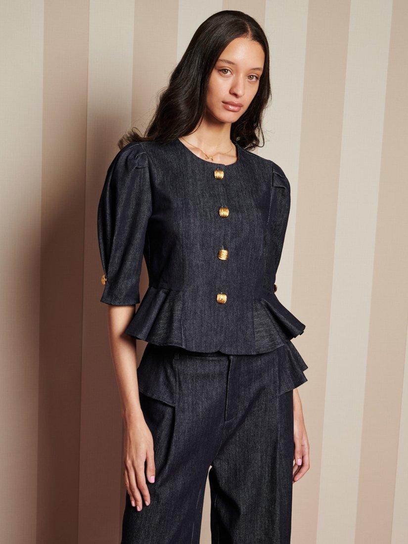 Sister Jane Curio Flounce Denim Top, Navy