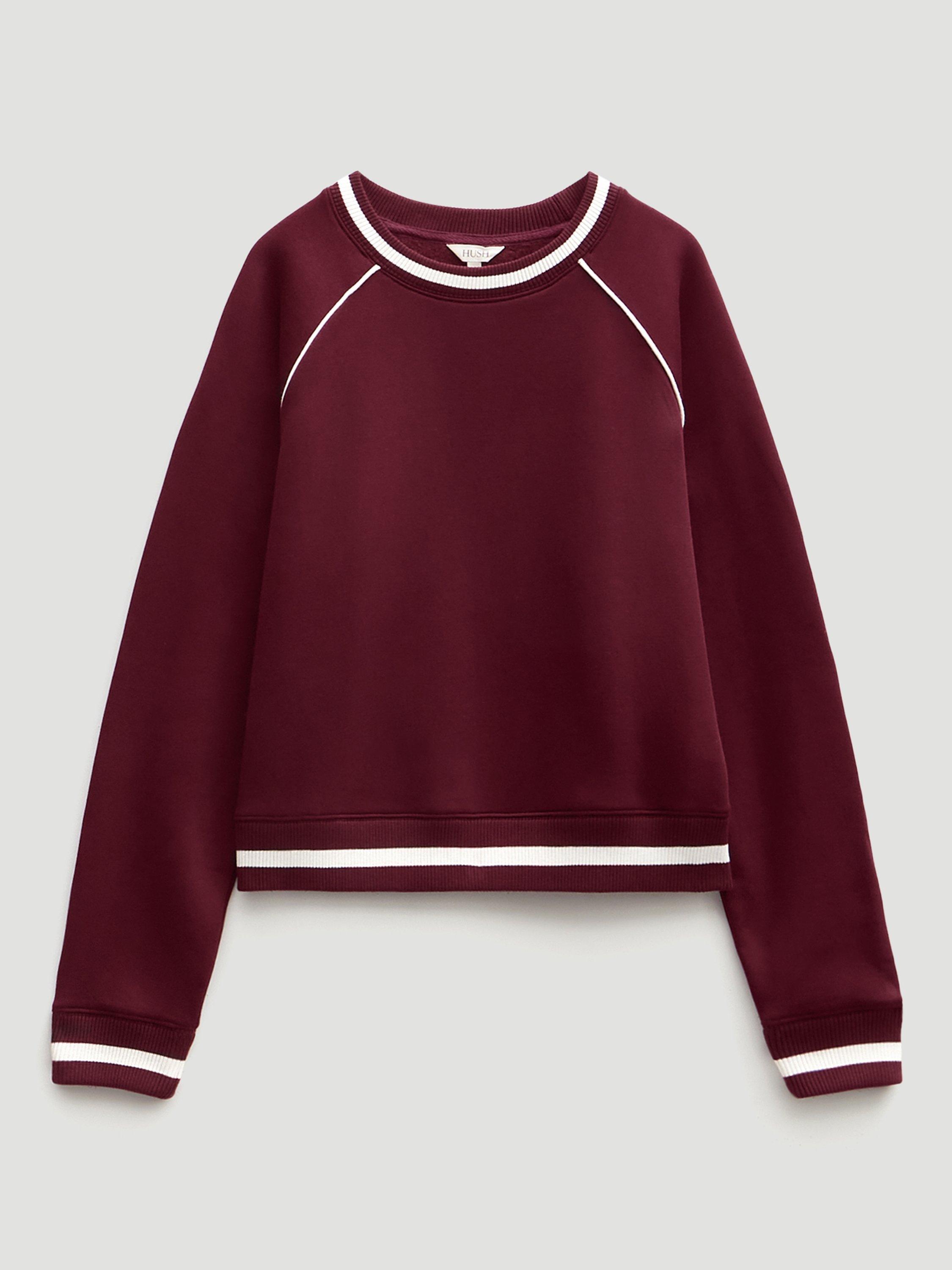 Product image 4 of 5, which shows HUSH Stripe Rib Raglan Sleeve Sweatshirt, Wine Red, XS-S