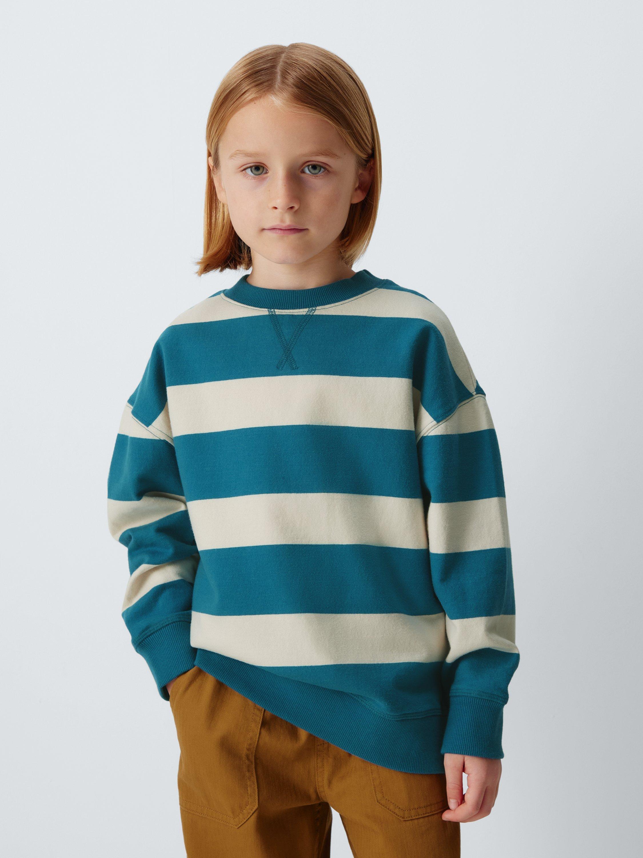 Product image 1 of 7, which shows John Lewis Crew Neck Block Stripe Sweatshirt, Blue Navy, 3 years