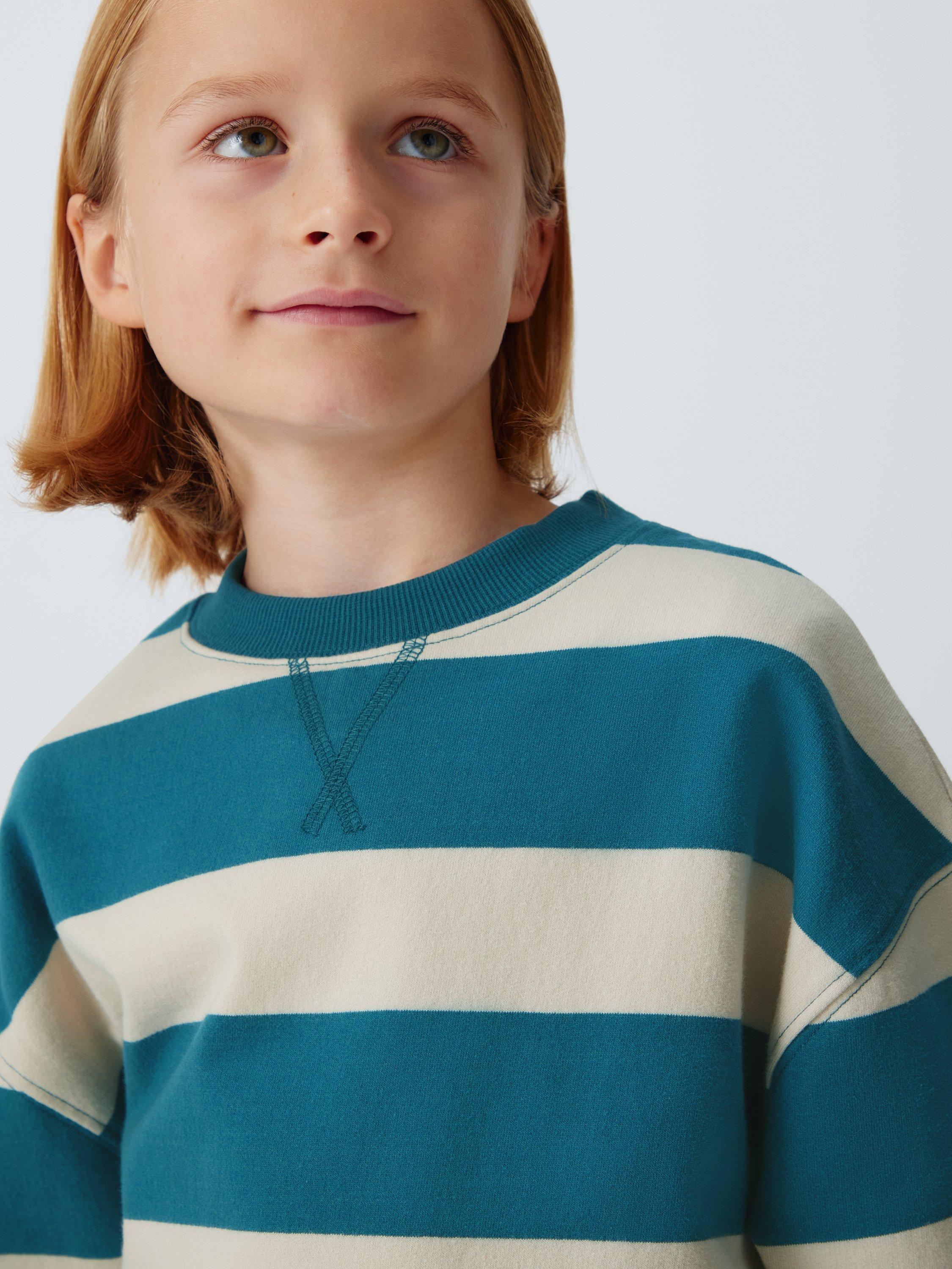 Product image 4 of 7, which shows John Lewis Crew Neck Block Stripe Sweatshirt, Blue Navy, 3 years