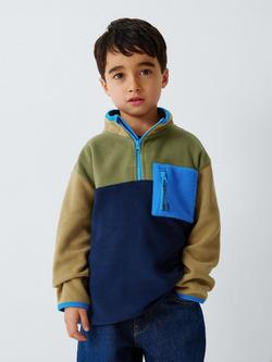 John Lewis Kids' Panel Zip Neck Fleece, Green/Natural/Blue, Green/Natural/Blue