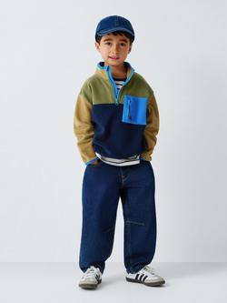 John Lewis Kids' Panel Zip Neck Fleece, Green/Natural/Blue - view 2, Green/Natural/Blue