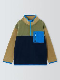 John Lewis Kids' Panel Zip Neck Fleece, Green/Natural/Blue, Green/Natural/Blue