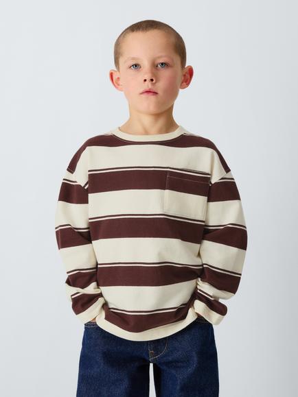 John Lewis Kids' Stripe Patch Pocket Top, Brown White Stripe, Brown White Stripe