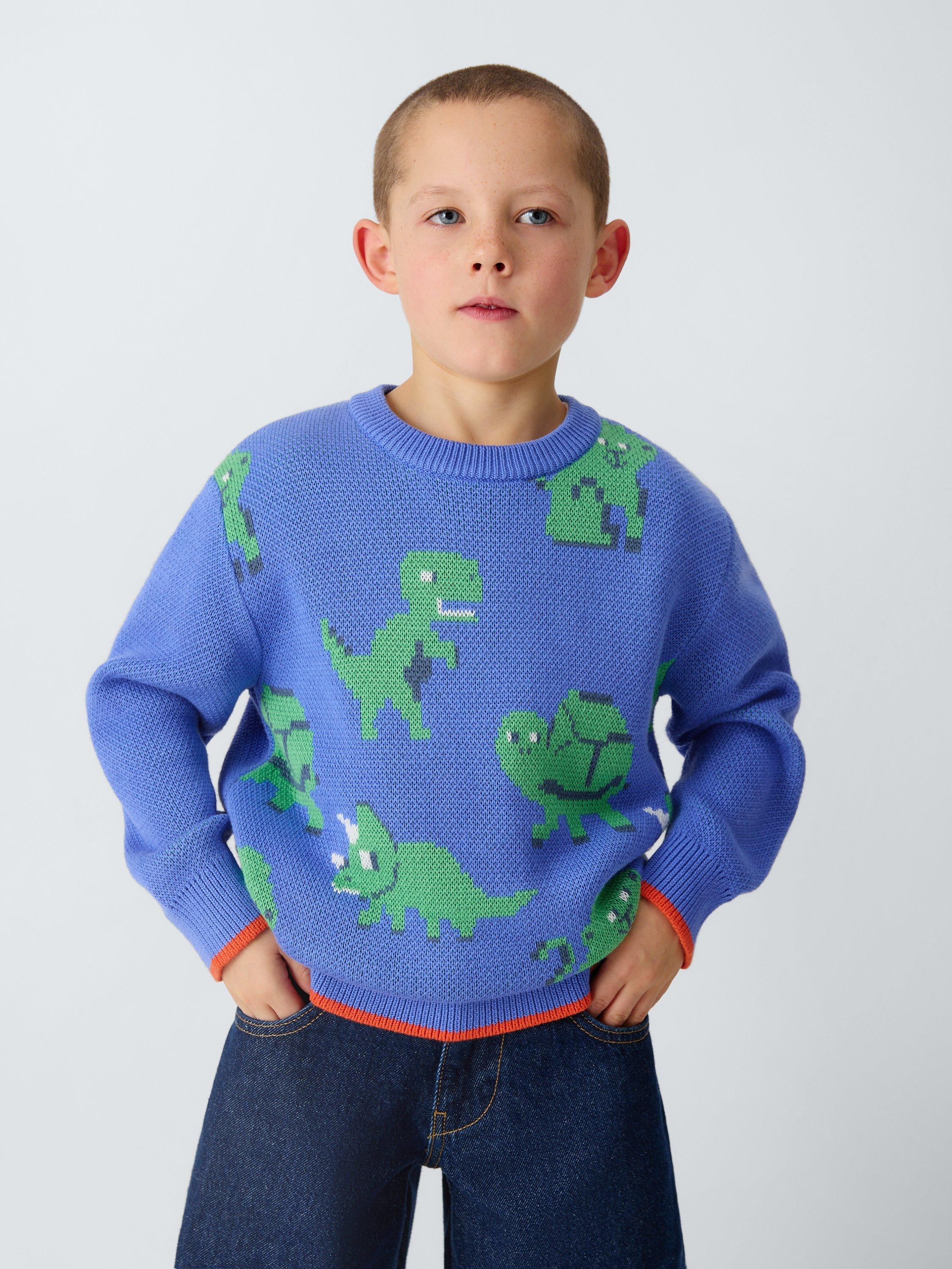 Product image 1 of 7, which shows John Lewis Kids' Crew Neck Dinosaur Jumper, Blue Multi, 3 years