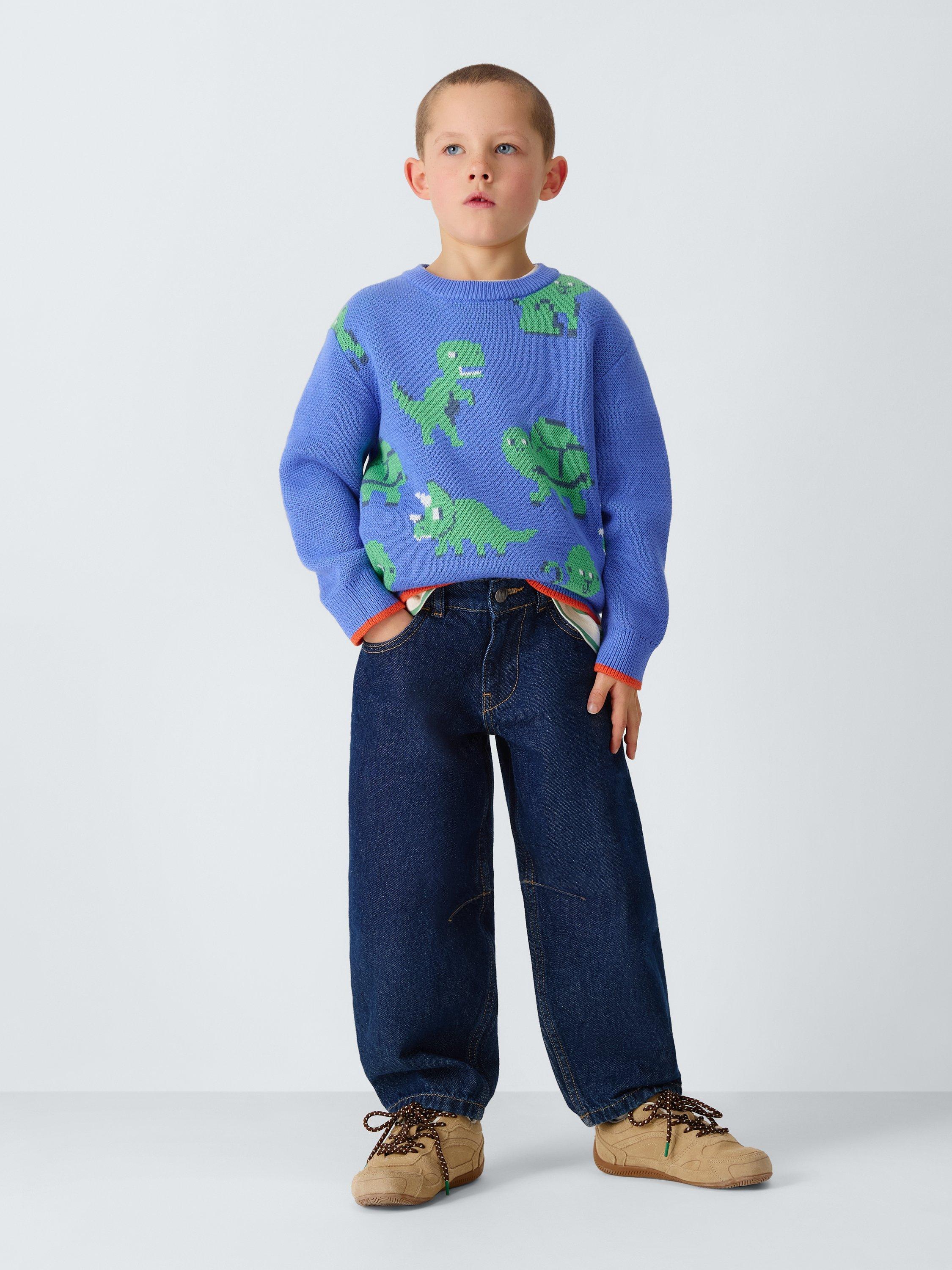 Product image 2 of 7, which shows John Lewis Kids' Crew Neck Dinosaur Jumper, Blue Multi, 3 years