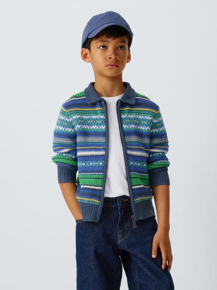 John Lewis Kids' Fair Isle Zip Through Cardigan, Blue Green Red, Blue Green Red