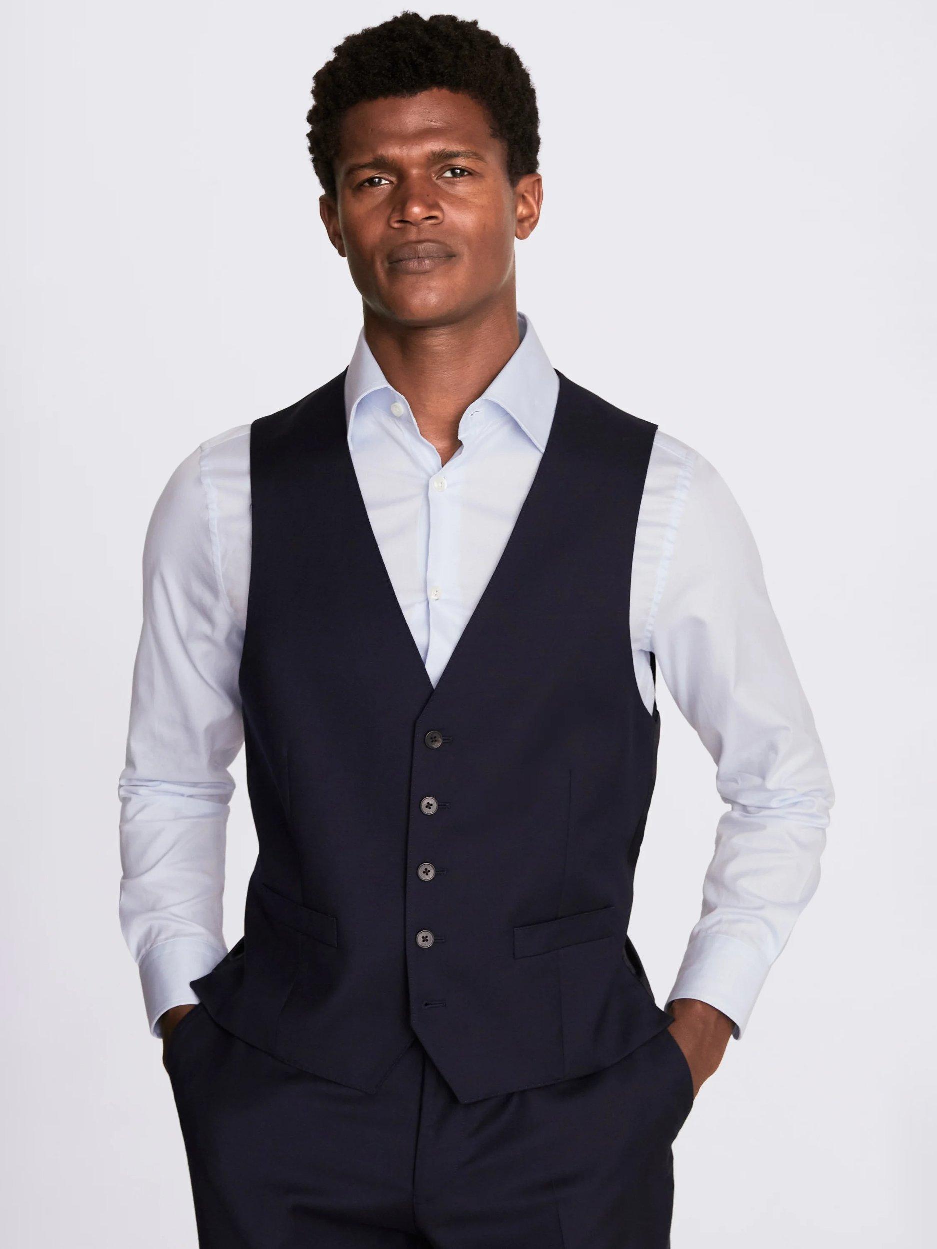 Product image 1 of 3, which shows Moss Regular Fit Twill Waistcoat, Navy, 36R