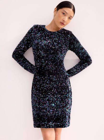 Ro&Zo Evie Long Sleeved Cluster Sequin Mini Dress, Blue, Blue