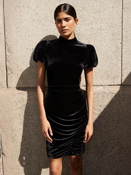 Ro&Zo Madison Velvet Tulip Sleeve Ruched Dress, Black, Black